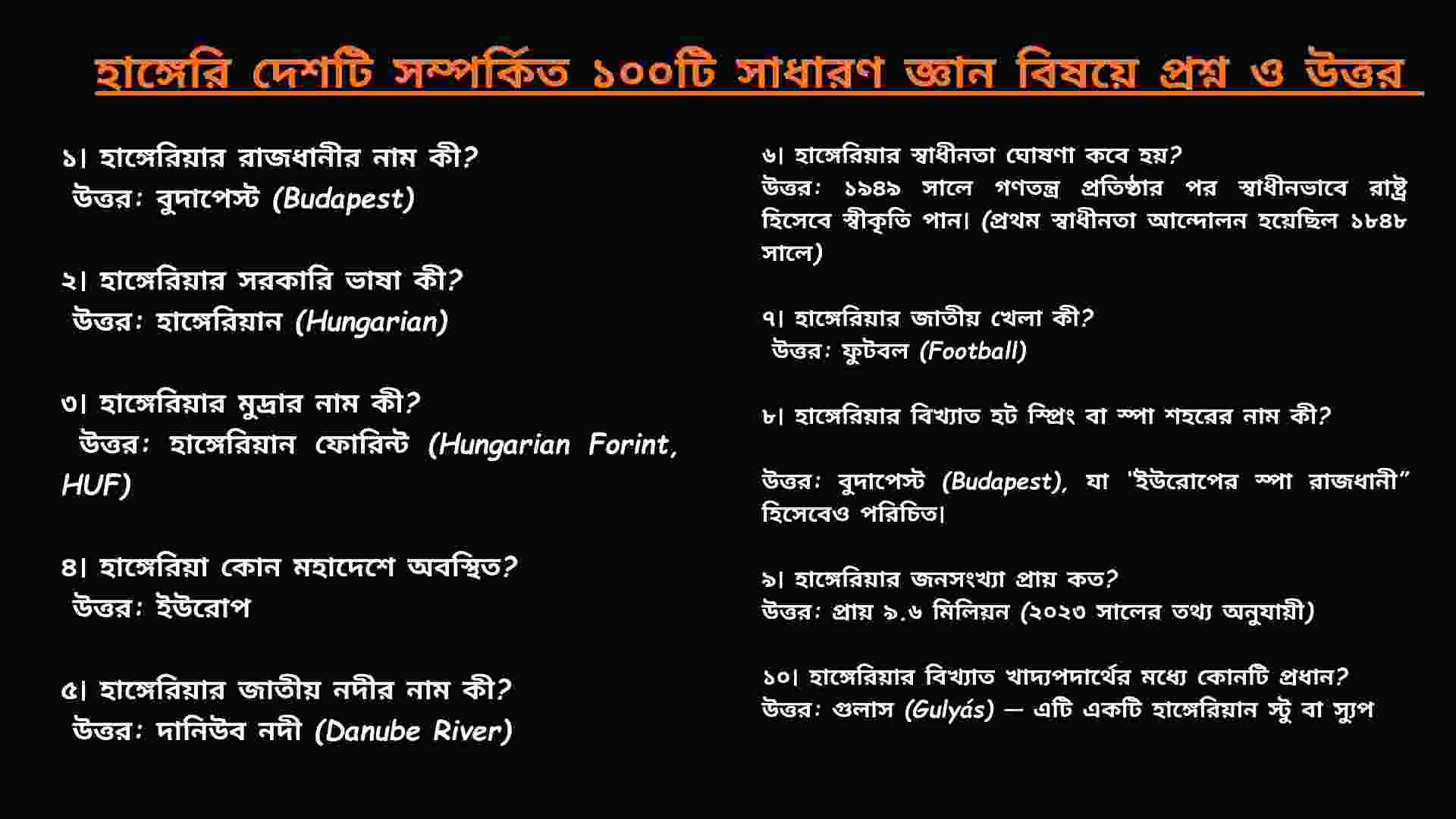 হাঙ্গেরির মানচিত্র, জাতীয় পতাকা এবং রাজধানী বুদাপেস্টের সংসদ ভবনের ছবি সহ ১০০টি সাধারণ জ্ঞান প্রশ্ন ও উত্তরভিত্তিক কনটেন্ট