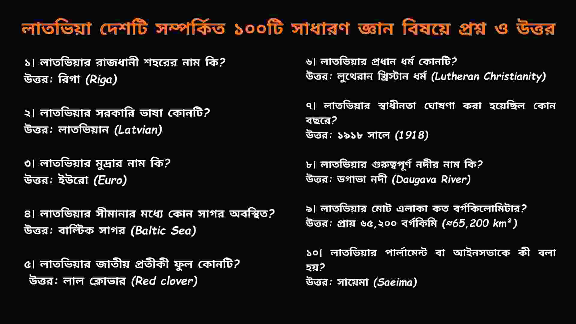 লাতভিয়া দেশ সম্পর্কিত ১০টি সাধারণ জ্ঞান প্রশ্ন ও উত্তর চিত্র