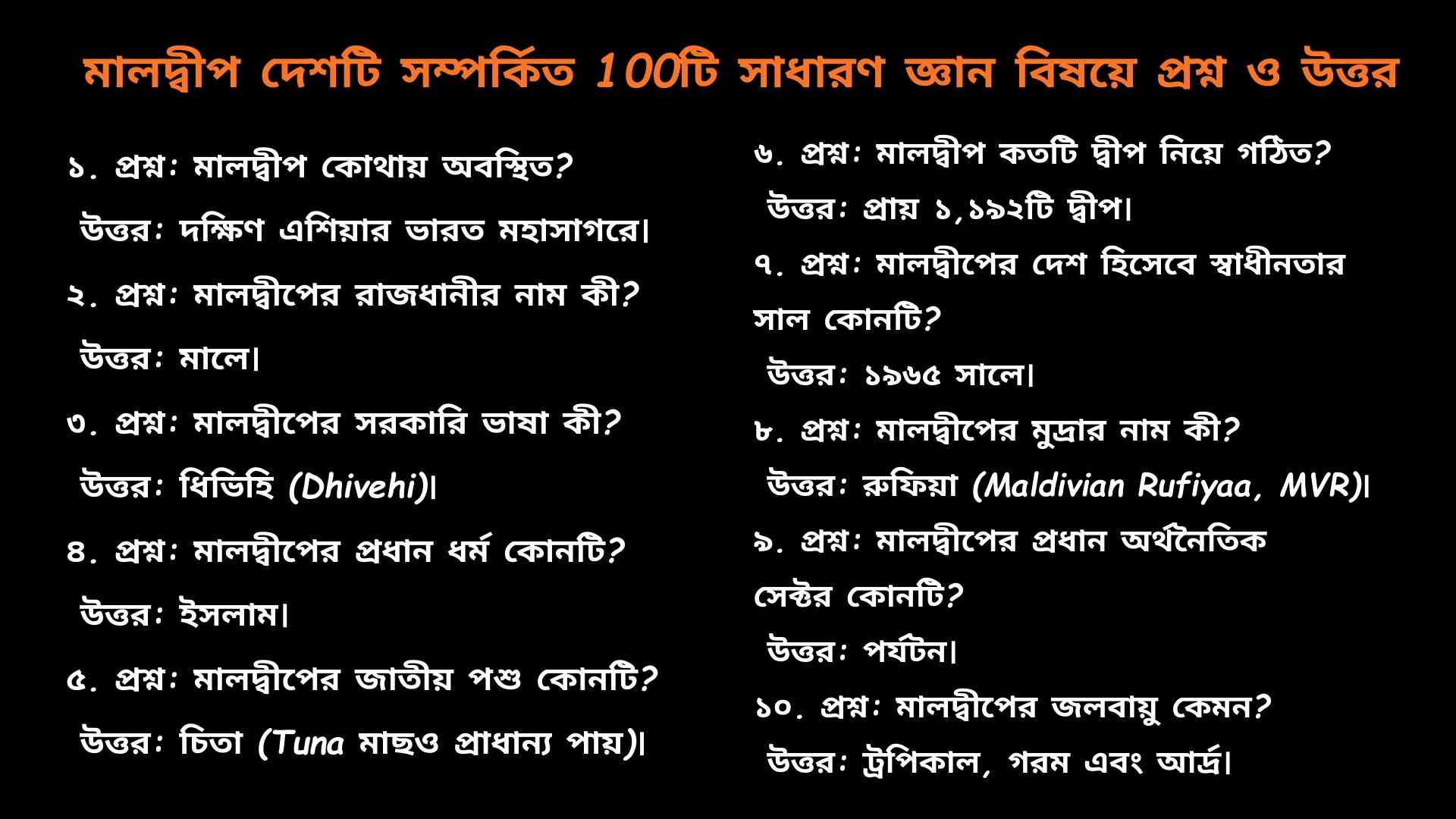মালদ্বীপ সম্পর্কিত ১০০টি সাধারণ জ্ঞান প্রশ্ন ও উত্তর