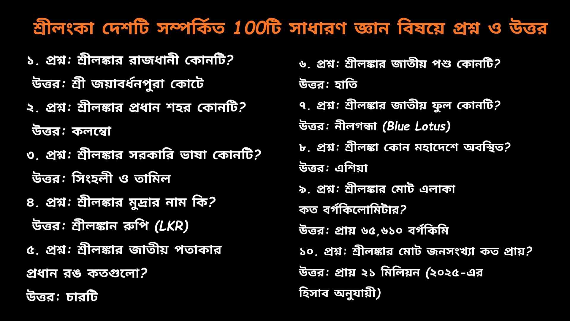 শ্রীলংকা সম্পর্কিত ১০০টি সাধারণ জ্ঞান প্রশ্ন ও উত্তর