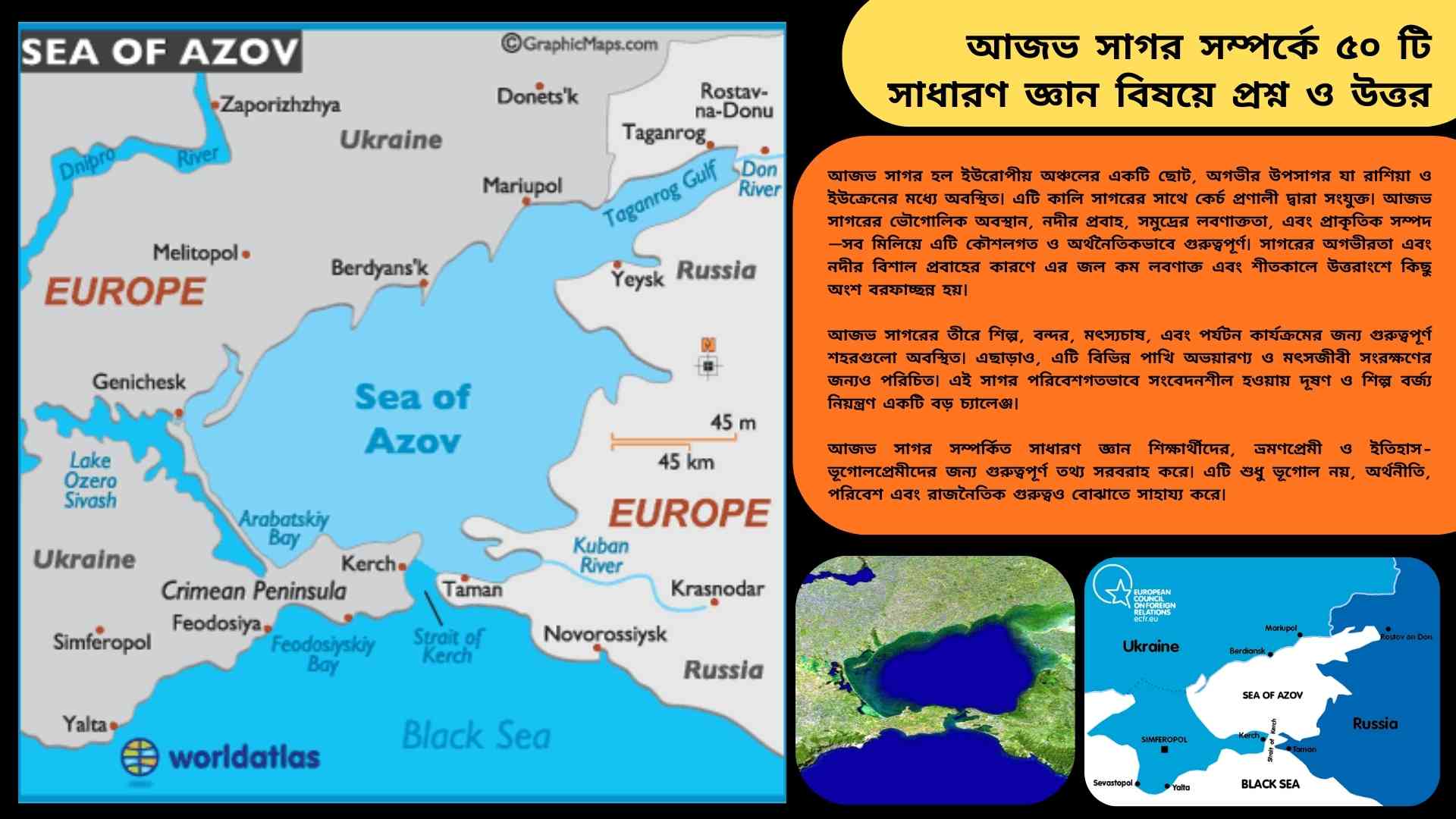 আজভ সাগরের মানচিত্র ও ভৌগোলিক অবস্থান, যেখানে রাশিয়া ও ইউক্রেনের মধ্যবর্তী অগভীর উপসাগর এবং কের্চ প্রণালীর সংযোগ দেখানো হয়েছে।