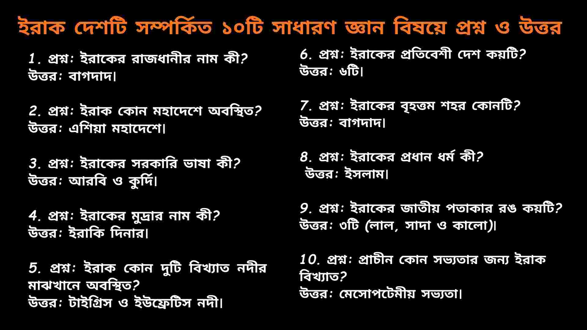 ইরাক দেশ সম্পর্কিত গুরুত্বপূর্ণ ১০০টি সাধারণ জ্ঞান প্রশ্ন ও উত্তর, যেগুলো শিক্ষার্থীদের জন্য সহায়ক