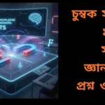 চুম্বক সম্পর্কিত শিক্ষামূলক ছবি, যেটিতে চুম্বকের আকর্ষণ এবং বিভিন্ন বৈজ্ঞানিক ব্যবহার দেখানো হয়েছে।