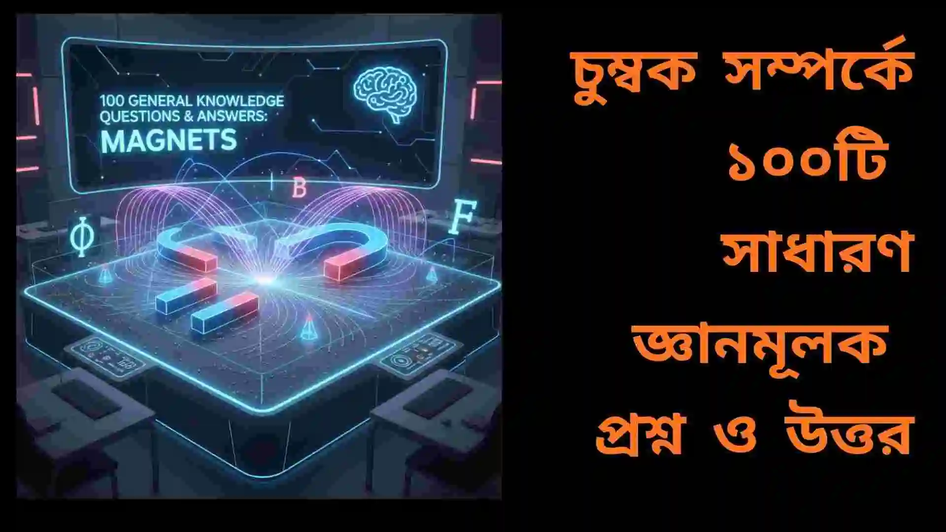 চুম্বক সম্পর্কিত শিক্ষামূলক ছবি, যেটিতে চুম্বকের আকর্ষণ এবং বিভিন্ন বৈজ্ঞানিক ব্যবহার দেখানো হয়েছে।