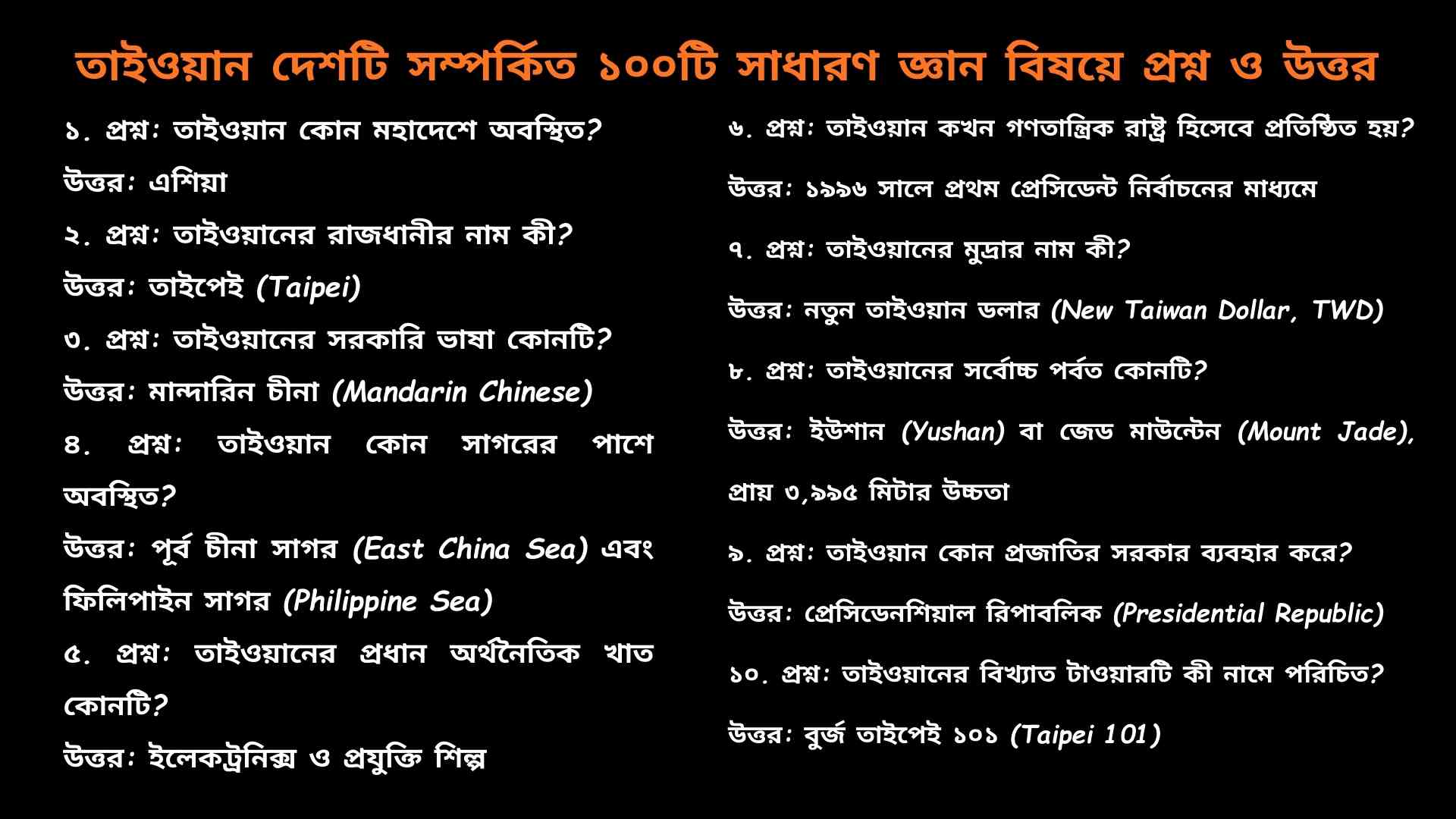 তাইওয়ান দেশটি সম্পর্কিত ১০০টি সাধারণ জ্ঞানমূলক প্রশ্ন ও উত্তর