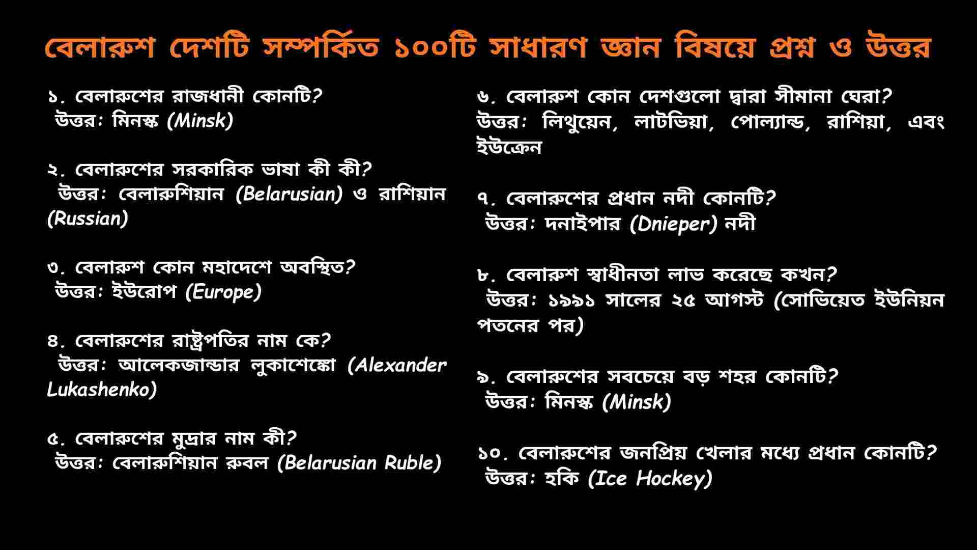 বেলারুশ দেশটি সম্পর্কিত ১০০টি সাধারণ জ্ঞান বিষয়ে প্রশ্ন ও উত্তর