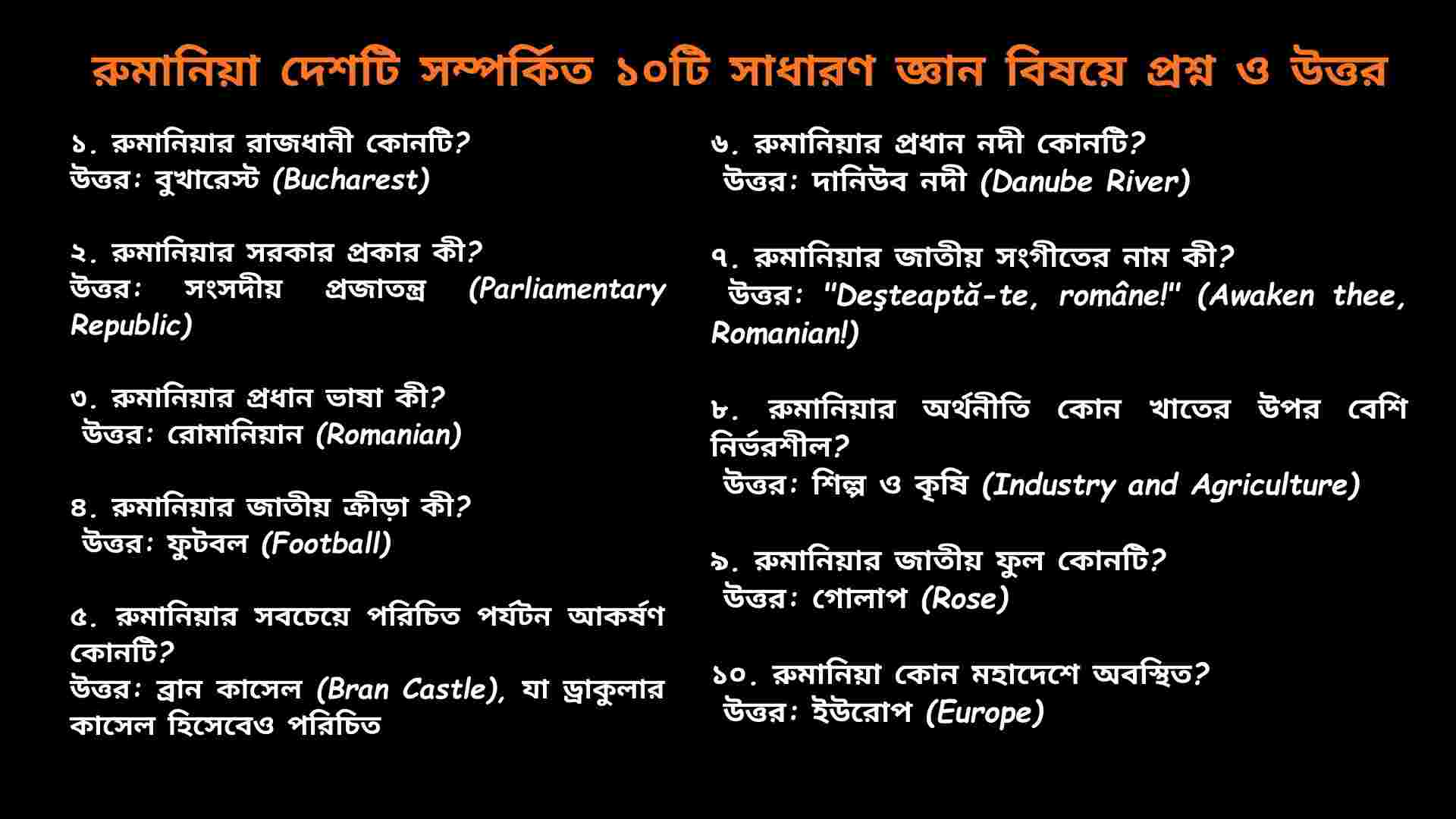রুমানিয়া দেশটি সম্পর্কিত ১০টি সাধারণ জ্ঞান প্রশ্ন ও উত্তর