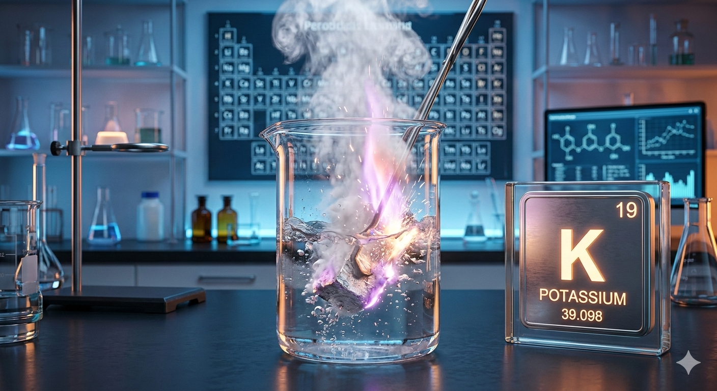 পটাশিয়াম ধাতু এবং তার রাসায়নিক বৈশিষ্ট্য প্রদর্শন করছে।