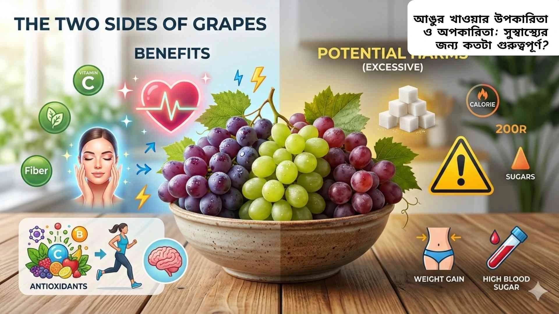 টেবিলের উপর তাজা সবুজ ও বেগুনি আঙুরের গুচ্ছ রাখা আছে, যা স্বাস্থ্যকর ফল হিসেবে পরিচিত।