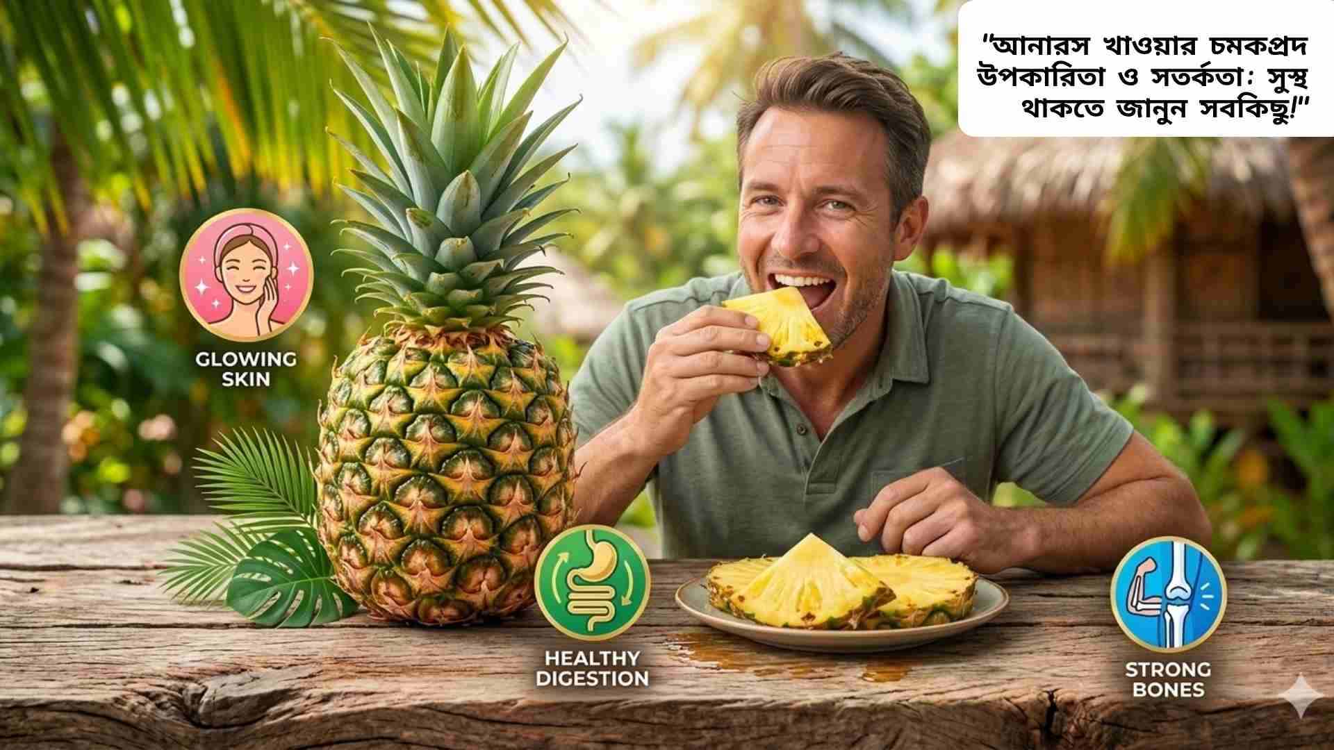 "স্লাইস কাটা তাজা আনারস, পুষ্টি ও স্বাস্থ্য উপকারিতা প্রদর্শন করছে"