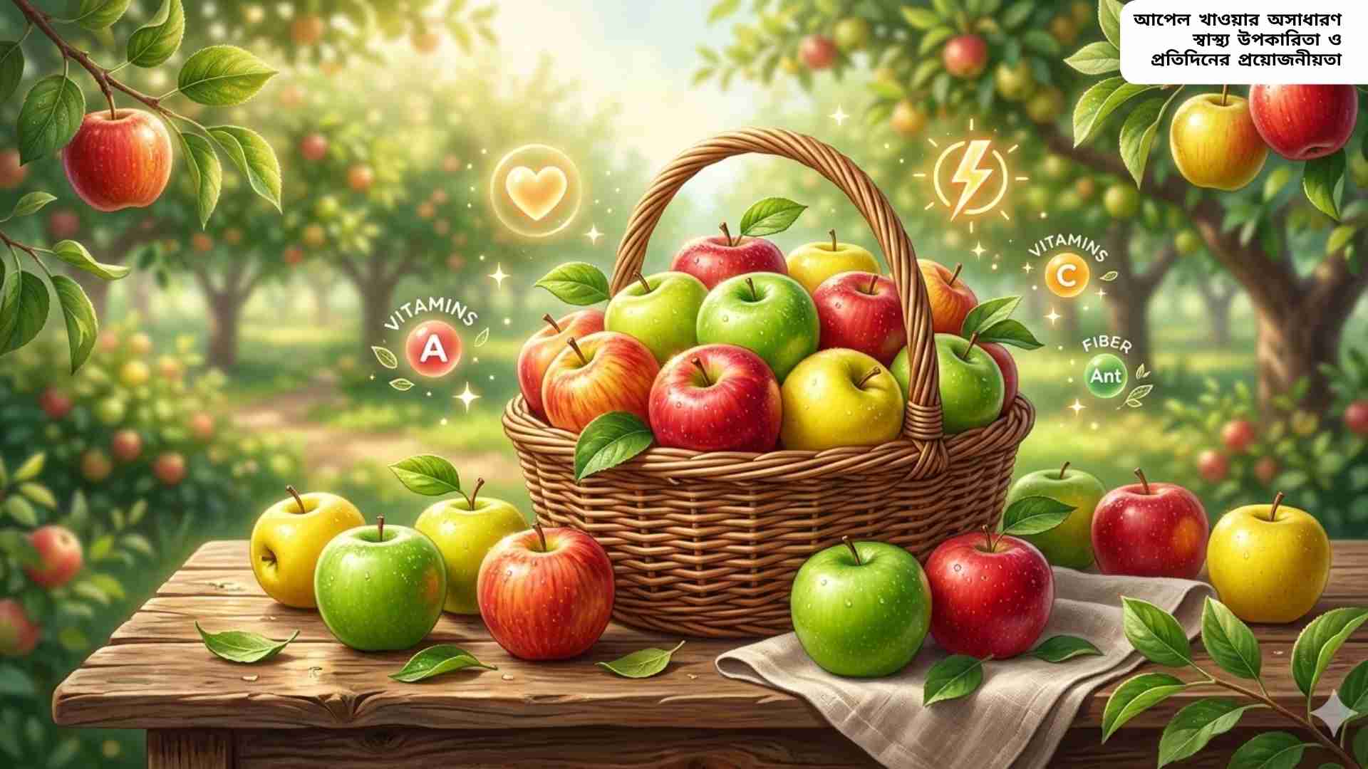 আপেল খাওয়ার স্বাস্থ্য উপকারিতা এবং প্রতিদিন খাওয়ার গুরুত্ব দেখানো ছবি।