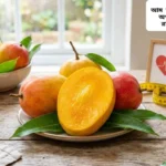 তাজা পাকা আম কেটে রাখা হয়েছে, যা খাওয়ার স্বাস্থ্য উপকারিতা ও অপকারিতা বোঝাতে ব্যবহৃত হয়েছে।