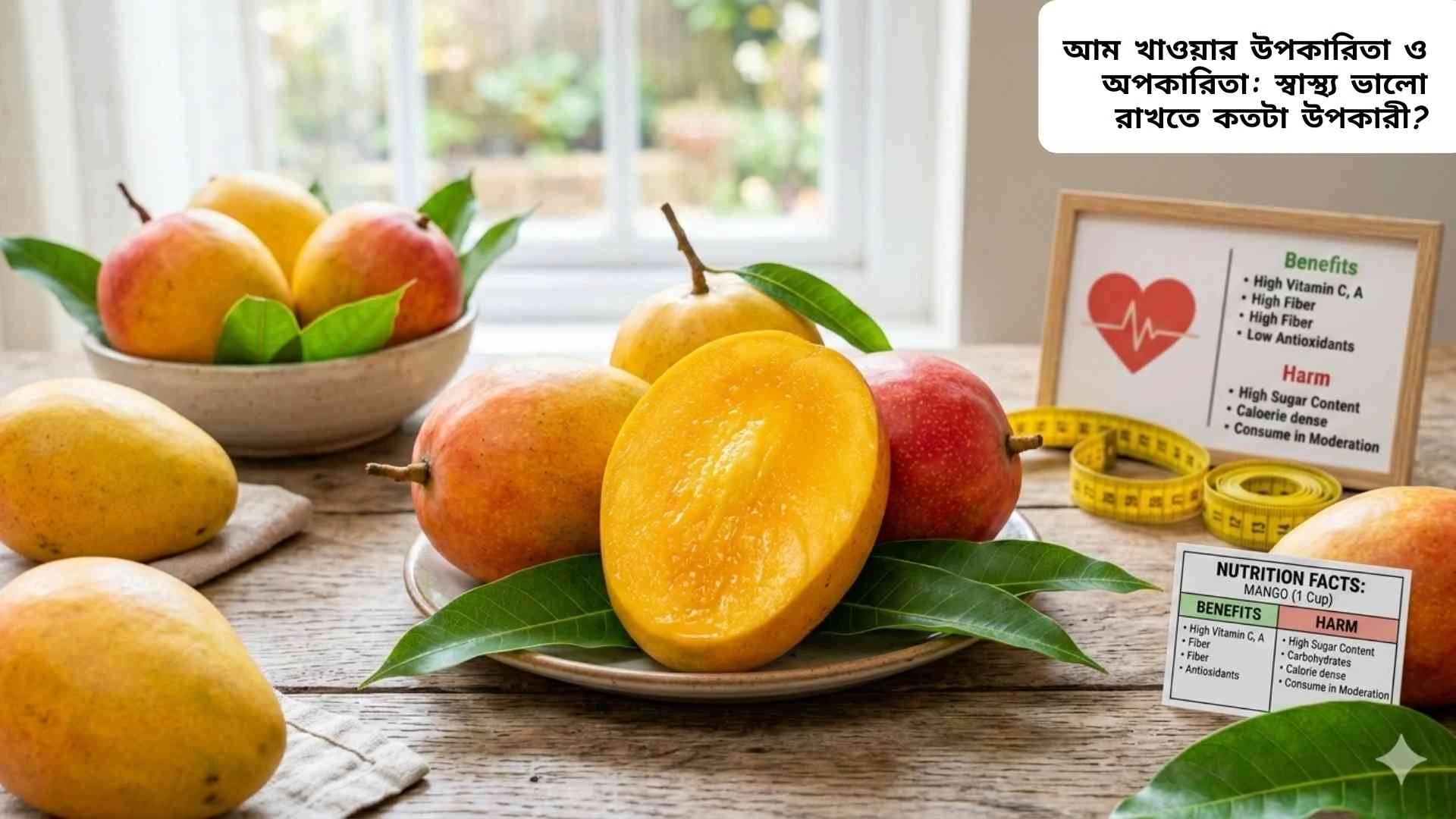 তাজা পাকা আম কেটে রাখা হয়েছে, যা খাওয়ার স্বাস্থ্য উপকারিতা ও অপকারিতা বোঝাতে ব্যবহৃত হয়েছে।