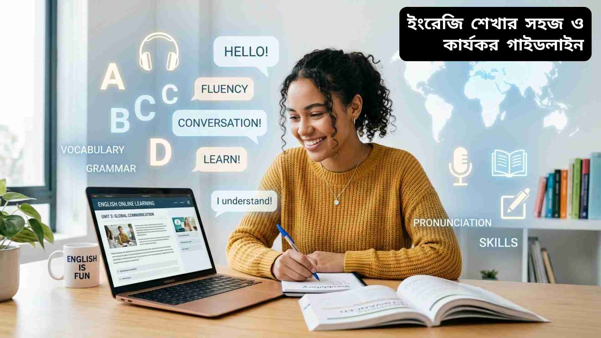 একজন শিক্ষার্থী বই ও মোবাইল ব্যবহার করে সহজভাবে ইংরেজি শেখার চেষ্টা করছে