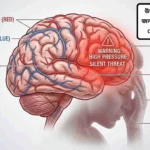 উচ্চ রক্তচাপের কারণে মস্তিষ্কে প্রভাব ও স্মৃতিশক্তি হ্রাসের ঝুঁকি বোঝানো চিত্র।