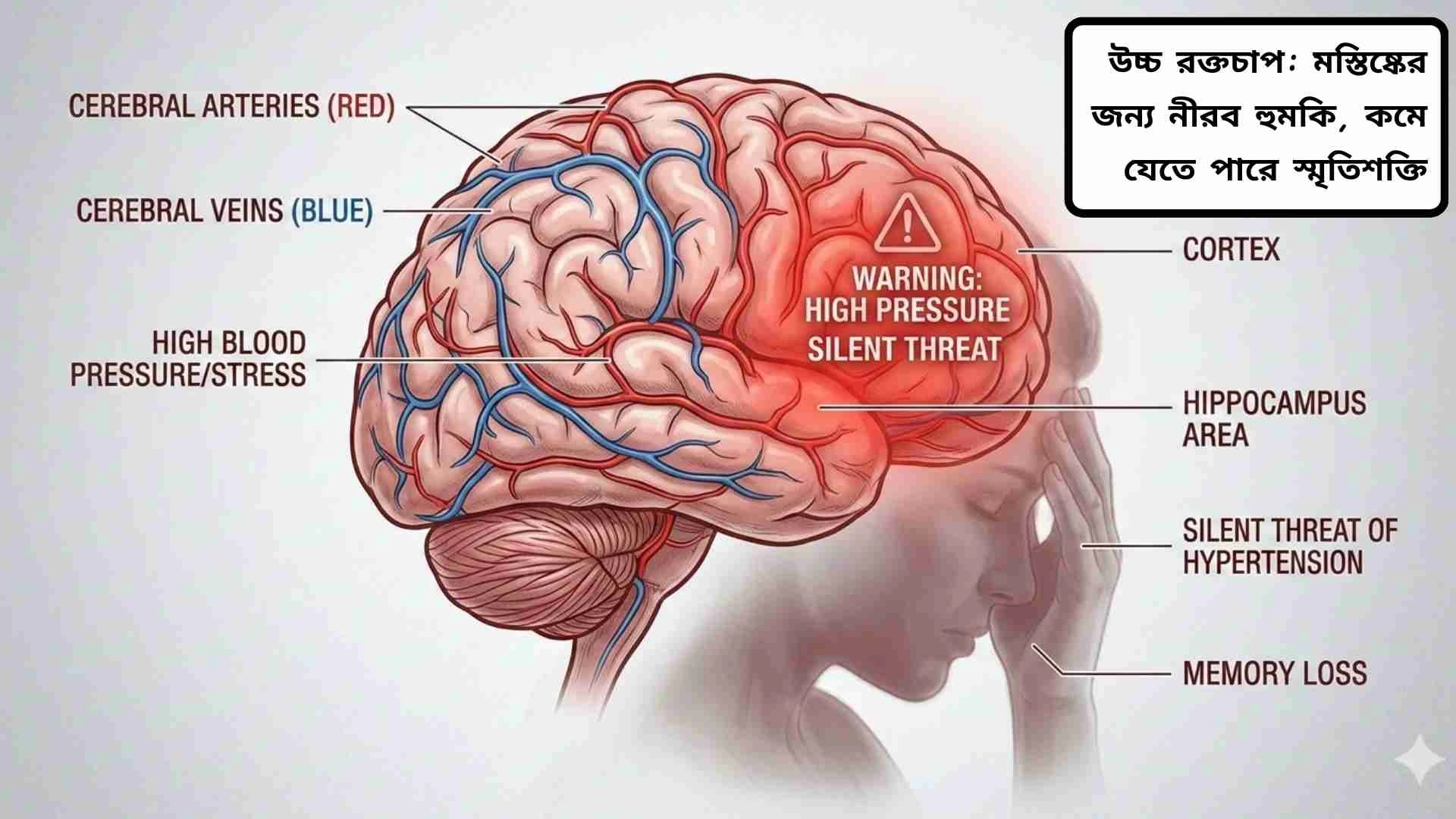 উচ্চ রক্তচাপের কারণে মস্তিষ্কে প্রভাব ও স্মৃতিশক্তি হ্রাসের ঝুঁকি বোঝানো চিত্র।