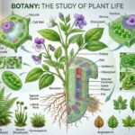 সবুজ উদ্ভিদ, পাতা, ফুল ও শিকড়ের গঠনসহ উদ্ভিদবিদ্যার ধারণা প্রদর্শনকারী একটি শিক্ষামূলক চিত্র।