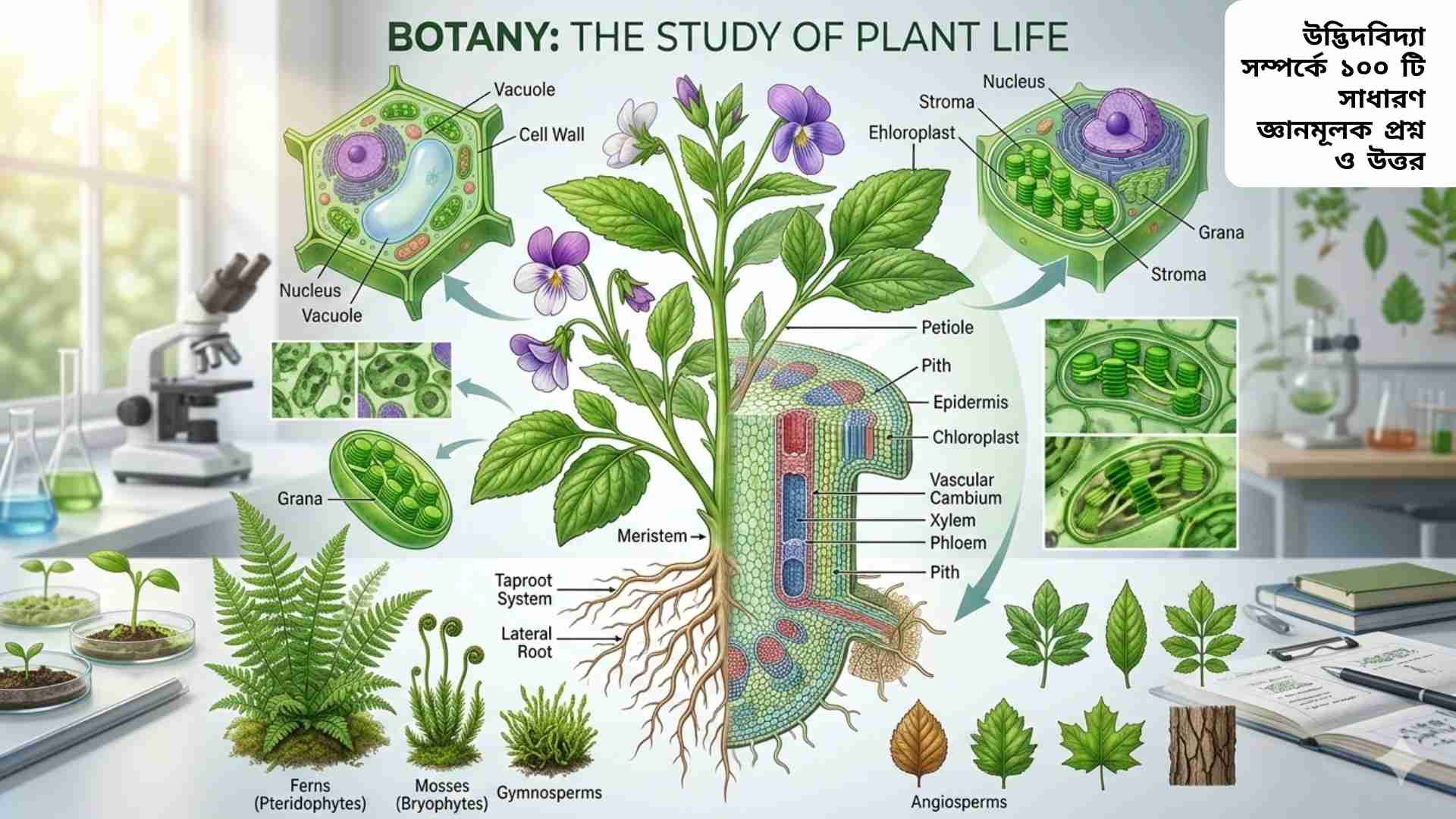 সবুজ উদ্ভিদ, পাতা, ফুল ও শিকড়ের গঠনসহ উদ্ভিদবিদ্যার ধারণা প্রদর্শনকারী একটি শিক্ষামূলক চিত্র।