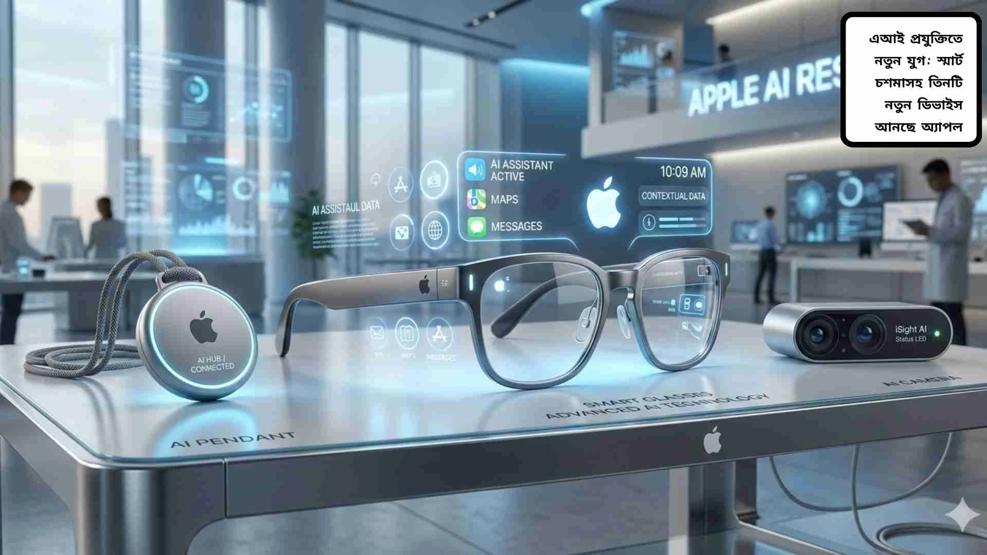 এআই প্রযুক্তি ব্যবহার করে তৈরি অ্যাপলের স্মার্ট চশমা ও নতুন উদ্ভাবনী ডিভাইসের ধারণামূলক ছবি