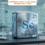 পর্যায় সারণিতে পারমাণবিক সংখ্যা ২১ সহ রূপালি বর্ণের স্ক্যান্ডিয়াম ধাতুর প্রতীক Sc প্রদর্শিত