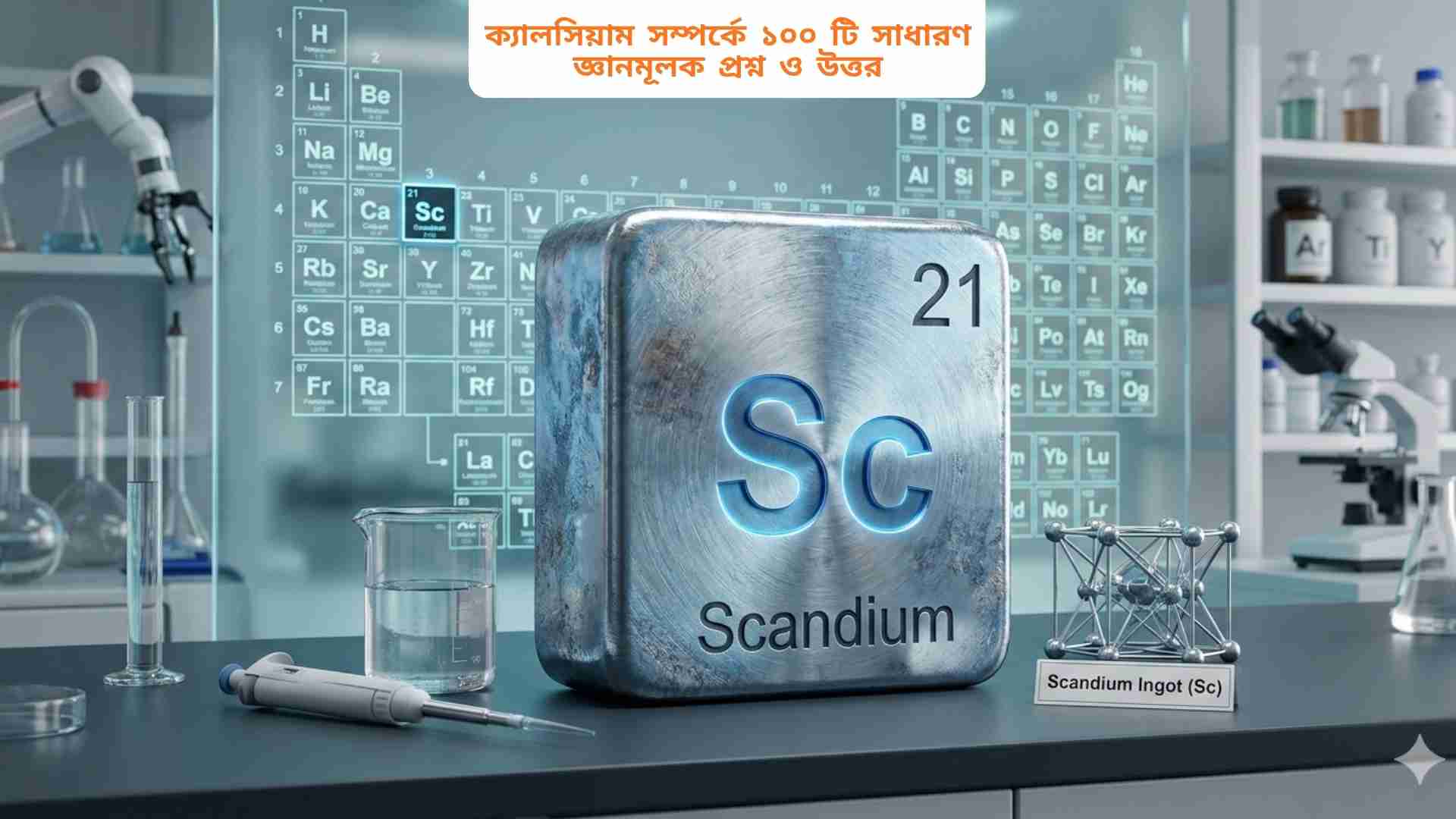 পর্যায় সারণিতে পারমাণবিক সংখ্যা ২১ সহ রূপালি বর্ণের স্ক্যান্ডিয়াম ধাতুর প্রতীক Sc প্রদর্শিত