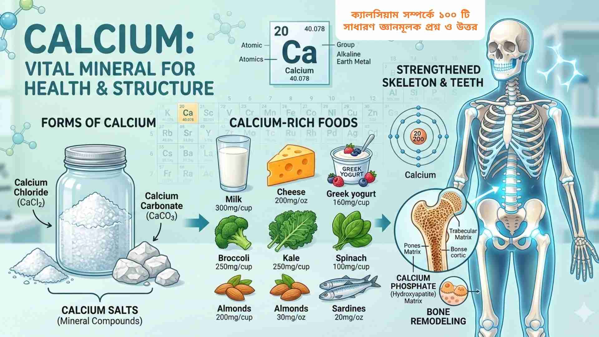 ক্যালসিয়ামের রাসায়নিক প্রতীক Ca সহ একটি ধাতু মৌল এবং হাড় ও দাঁতের জন্য গুরুত্বপূর্ণ।