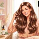 সুন্দর ও স্বাস্থ্যবান চুলের যত্ন নেওয়া নারী, চুল ব্রাশ করছেন এবং হেয়ার কেয়ার প্রোডাক্ট ব্যবহার করছেন।