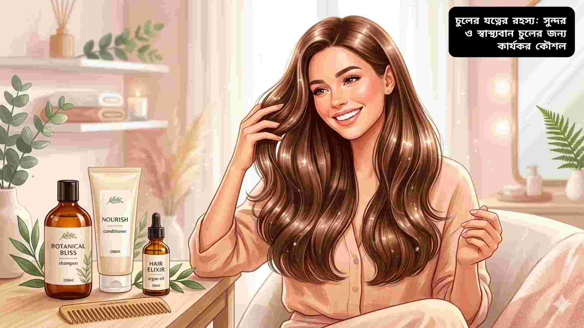 সুন্দর ও স্বাস্থ্যবান চুলের যত্ন নেওয়া নারী, চুল ব্রাশ করছেন এবং হেয়ার কেয়ার প্রোডাক্ট ব্যবহার করছেন।