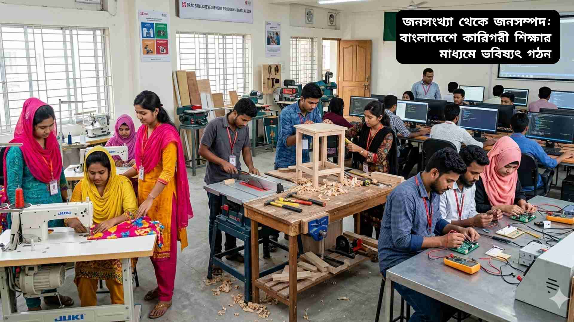 বাংলাদেশে কারিগরী শিক্ষা গ্রহণরত শিক্ষার্থীরা প্রযুক্তি ও দক্ষতা অর্জন করছে।