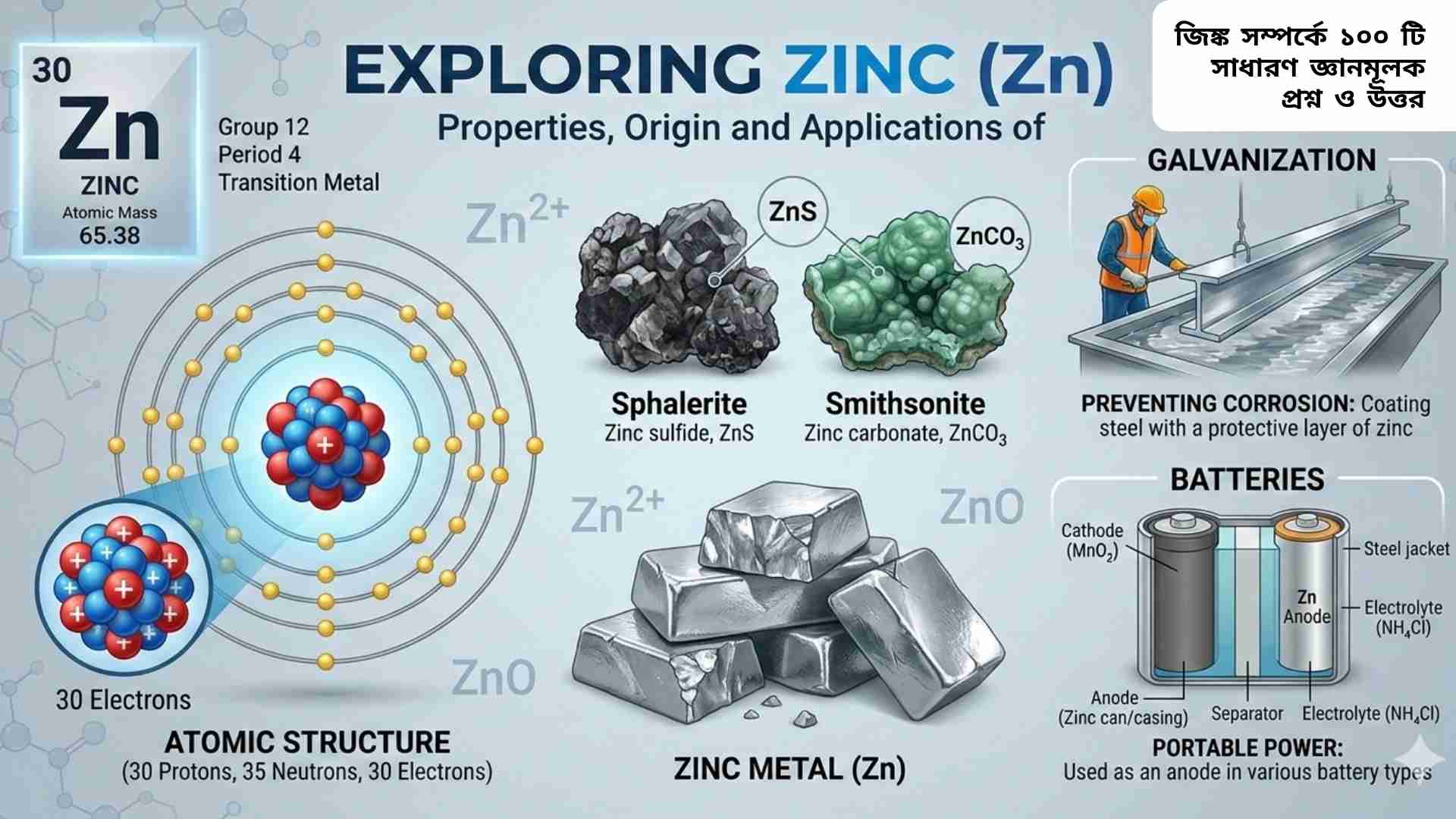 দস্তা ধাতু এবং তার ক্রিস্টাল গঠন প্রদর্শন করছে