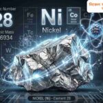 পর্যায় সারণিতে নিকেল মৌলের অবস্থান, পারমাণবিক সংখ্যা ২৮ এবং রূপালি রঙের ধাতব নিকেলের নমুনা।