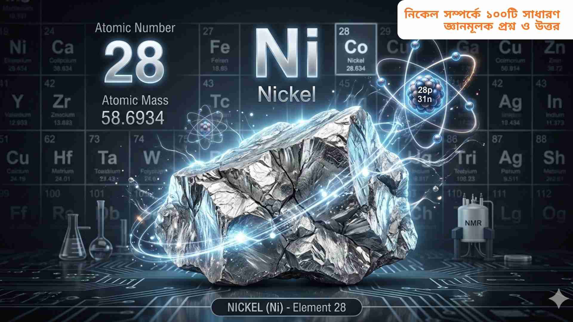 পর্যায় সারণিতে নিকেল মৌলের অবস্থান, পারমাণবিক সংখ্যা ২৮ এবং রূপালি রঙের ধাতব নিকেলের নমুনা।