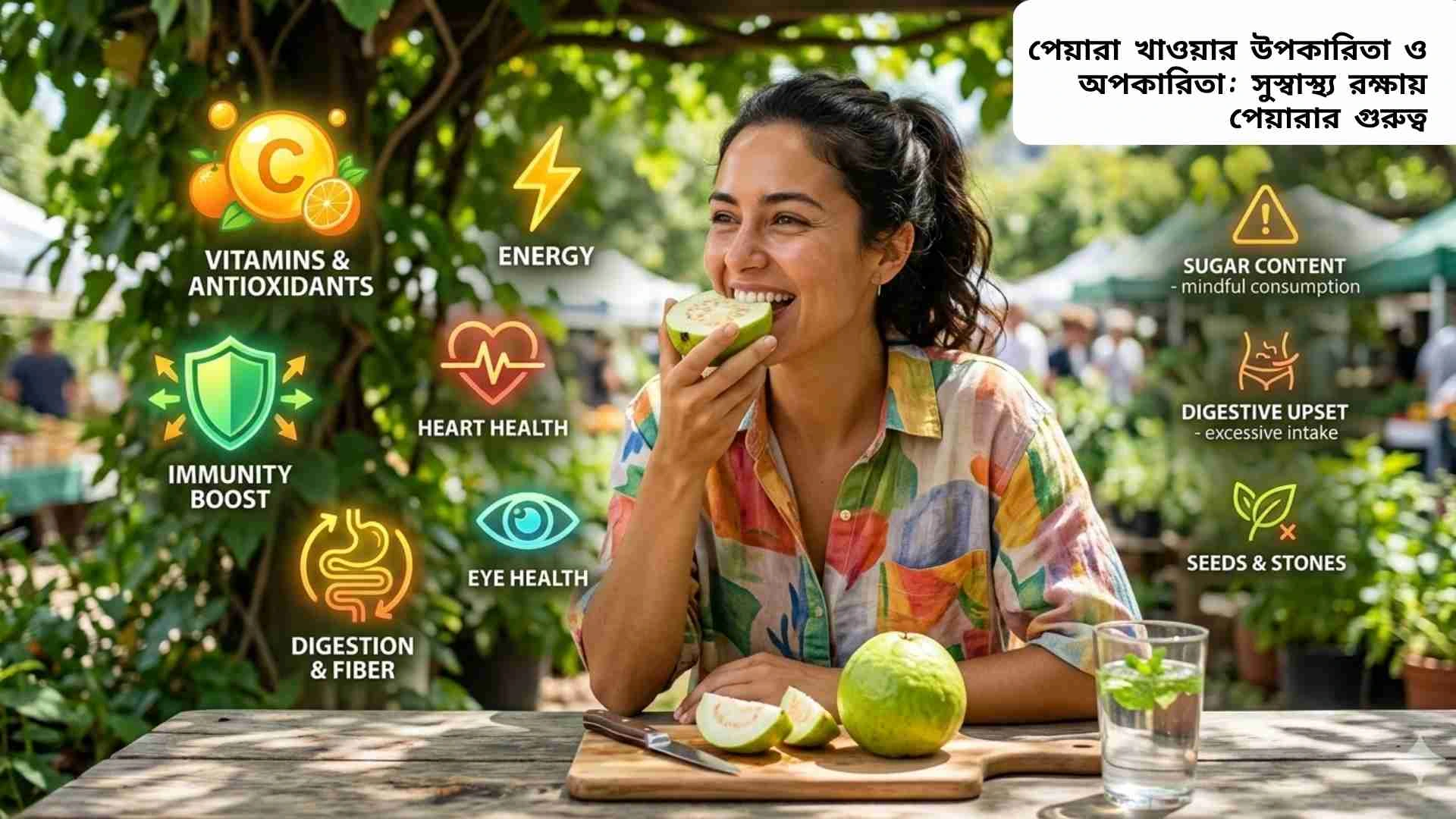 পেয়ারা খাচ্ছে একজন ব্যক্তি, স্বাস্থ্যকর ফল হিসেবে পেয়ারার উপকারিতা ও অপকারিতা দেখানো হচ্ছে।