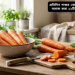 টাটকা কমলা রঙের গাজর একটি প্লেটে সাজানো, স্বাস্থ্যকর খাবারের প্রতীক