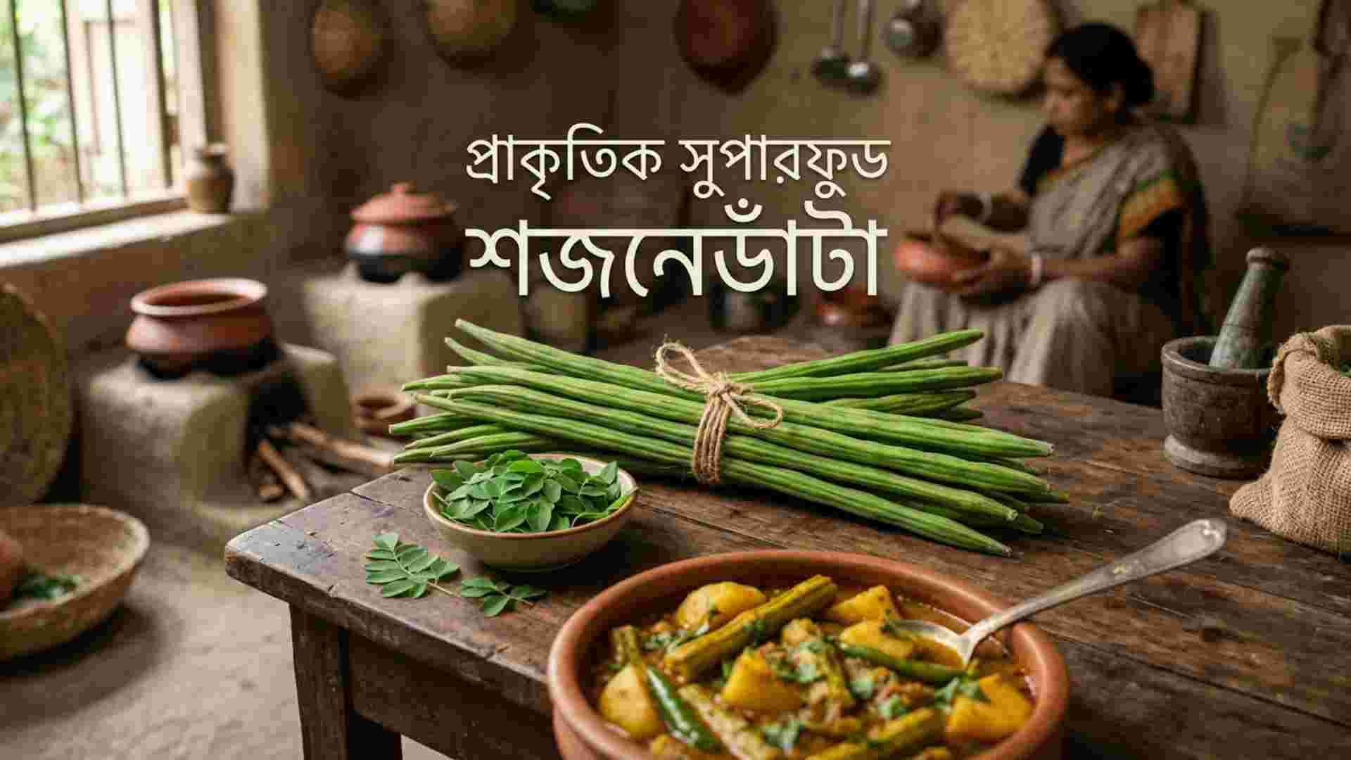 সবুজ তাজা শজনেডাঁটা ও শজনেপাতা, যা প্রাকৃতিক সুপারফুড হিসেবে পুষ্টিগুণে ভরপুর