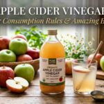 আপেল সিডার ভিনেগার বোতল, স্বাস্থ্য উপকারিতা এবং সঠিক খাওয়ার নিয়ম দেখাচ্ছে।