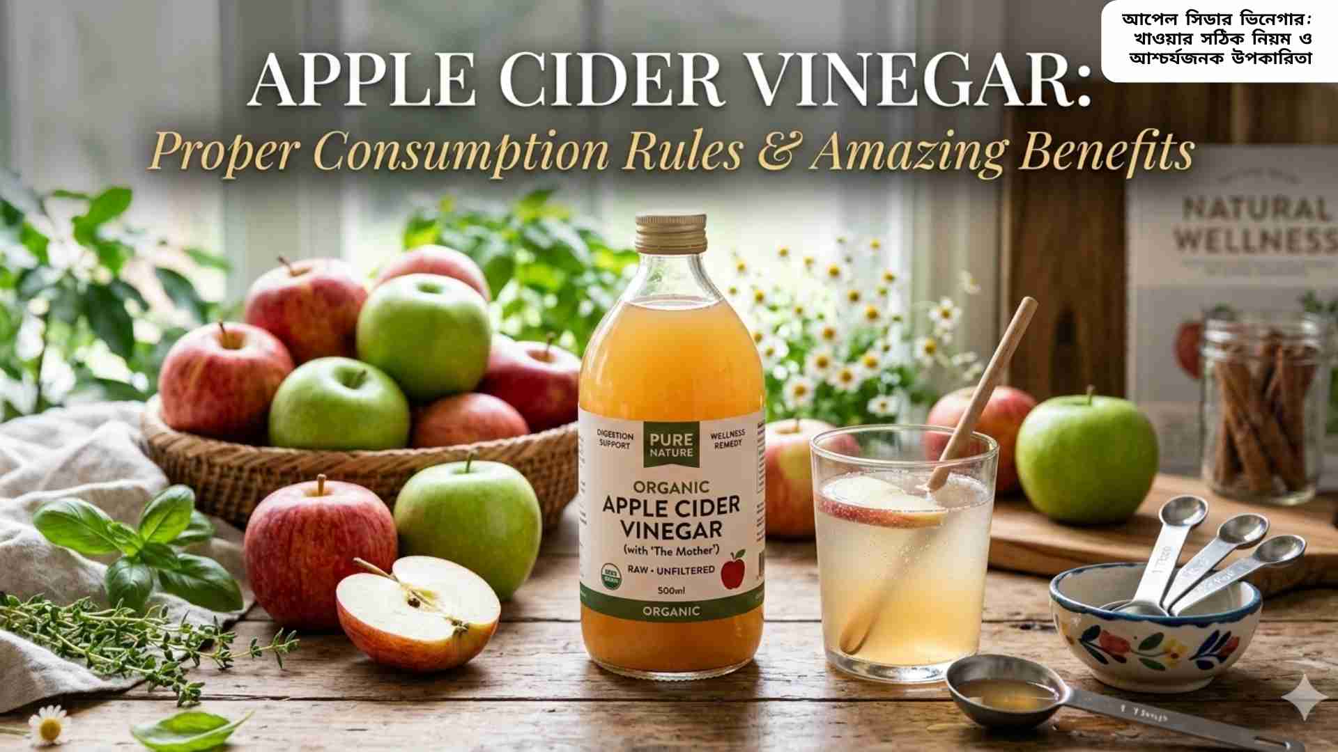 আপেল সিডার ভিনেগার বোতল, স্বাস্থ্য উপকারিতা এবং সঠিক খাওয়ার নিয়ম দেখাচ্ছে।