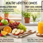 স্বাস্থ্যকর ফল এবং গ্লাসে তাজা জুসের ছবি, ফল নাকি জুস কোনটি বেশি উপকারী তা দেখানো।