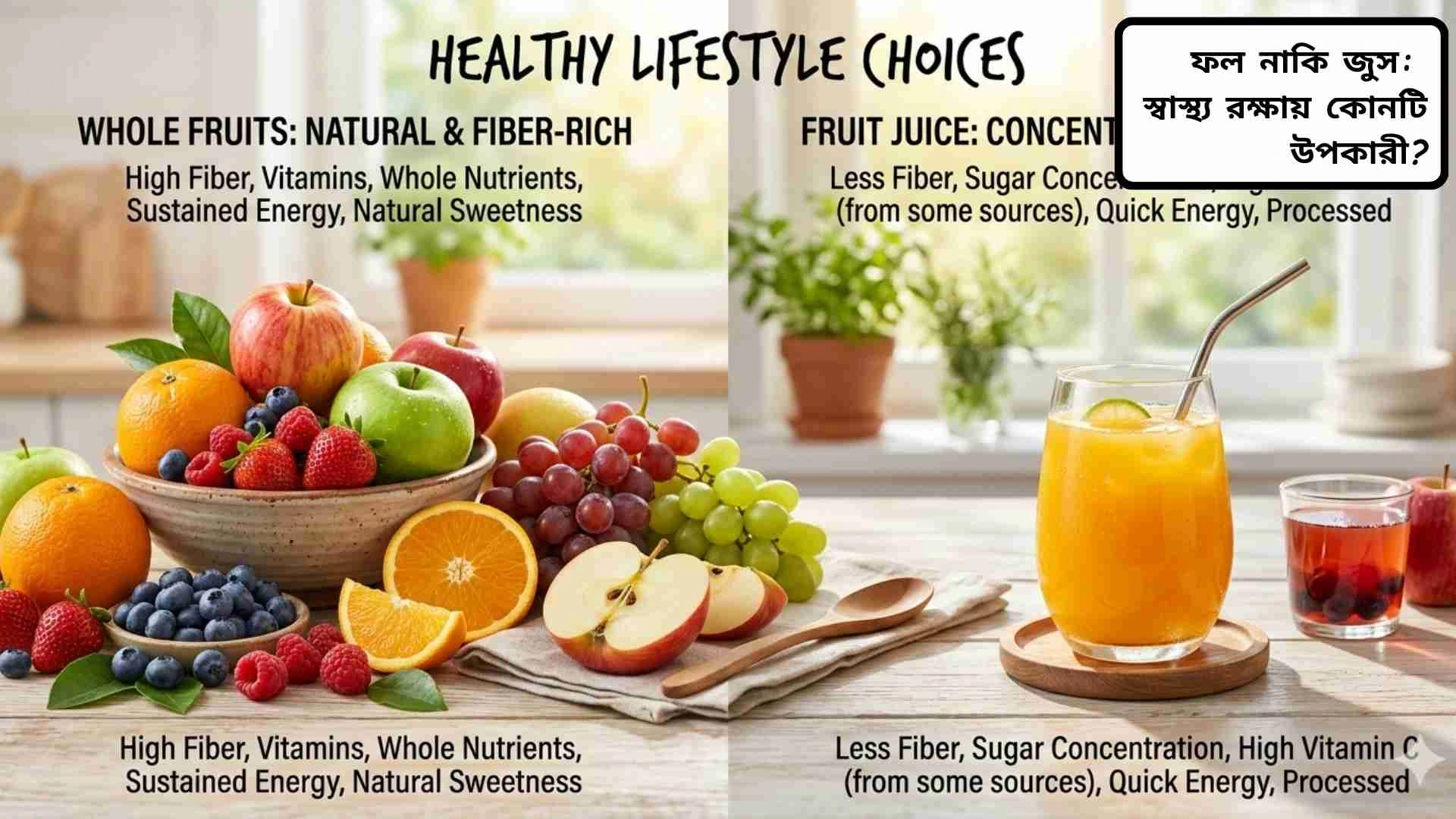 স্বাস্থ্যকর ফল এবং গ্লাসে তাজা জুসের ছবি, ফল নাকি জুস কোনটি বেশি উপকারী তা দেখানো।