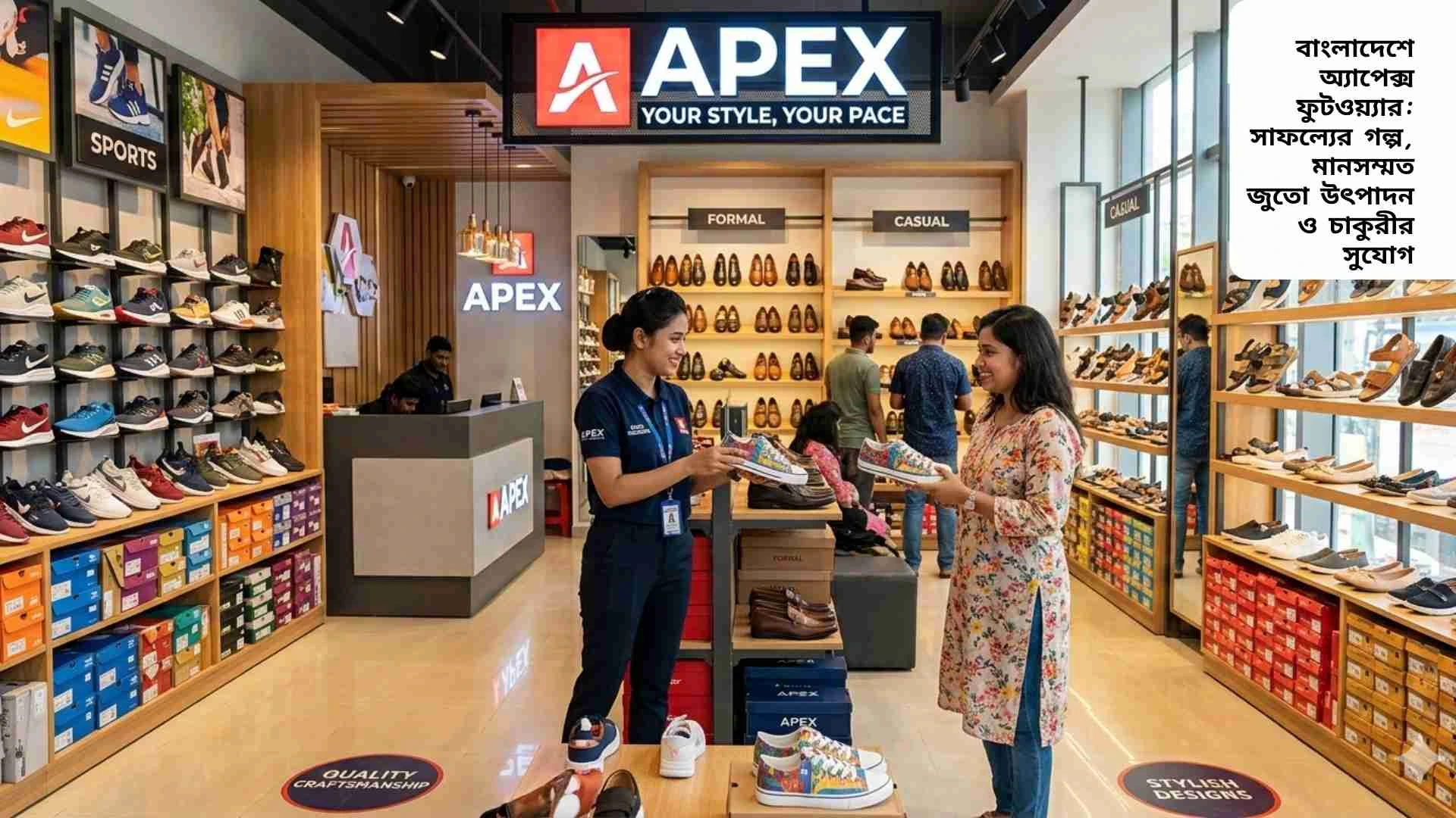 বাংলাদেশের অ্যাপেক্স ফুটওয়্যারে মানসম্মত জুতো উৎপাদন ও কর্মী ব্যস্ততা দেখাচ্ছে।