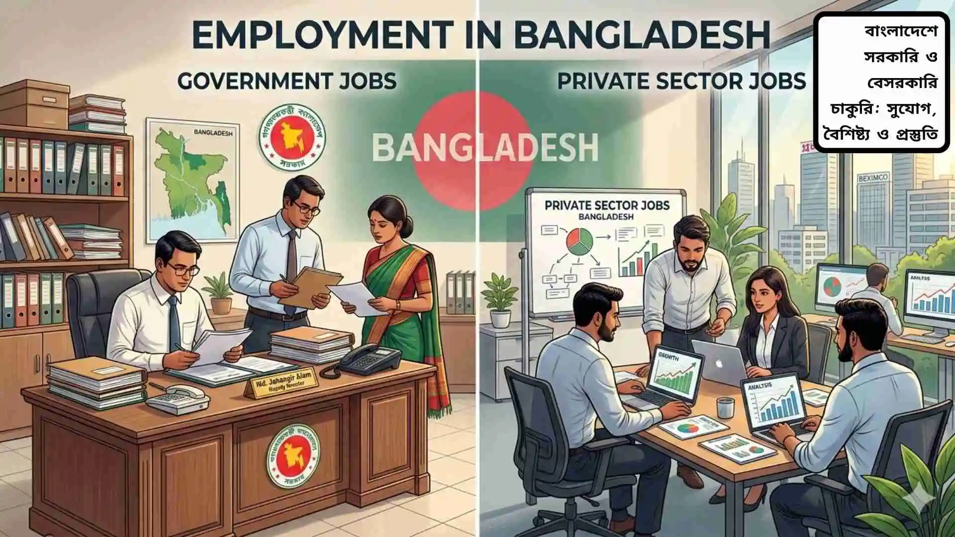 বাংলাদেশে সরকারি ও বেসরকারি চাকরির সুযোগ, বৈশিষ্ট্য এবং প্রস্তুতির বিস্তারিত চিত্র।