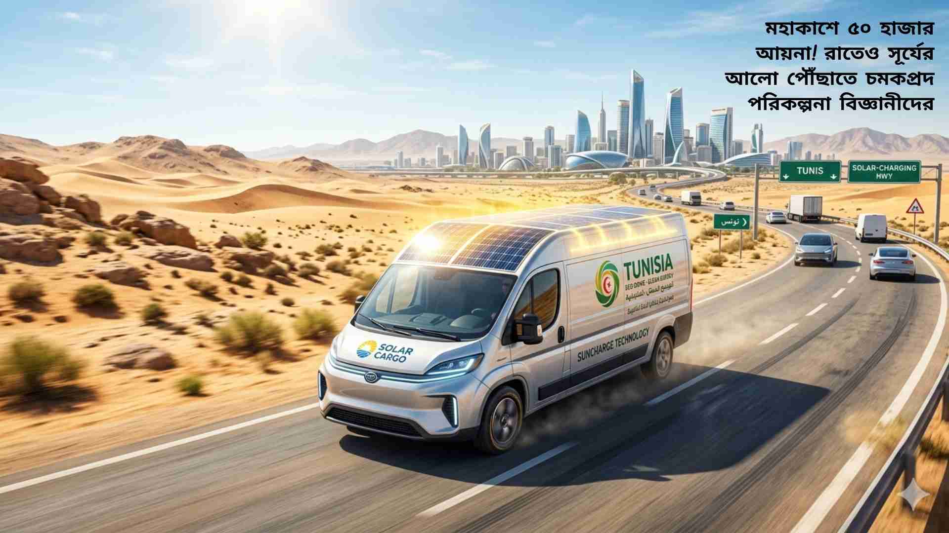 সূর্যের শক্তি ব্যবহার করে চলা ভবিষ্যতের সোলার কার প্রযুক্তির প্রতীকী ছবি