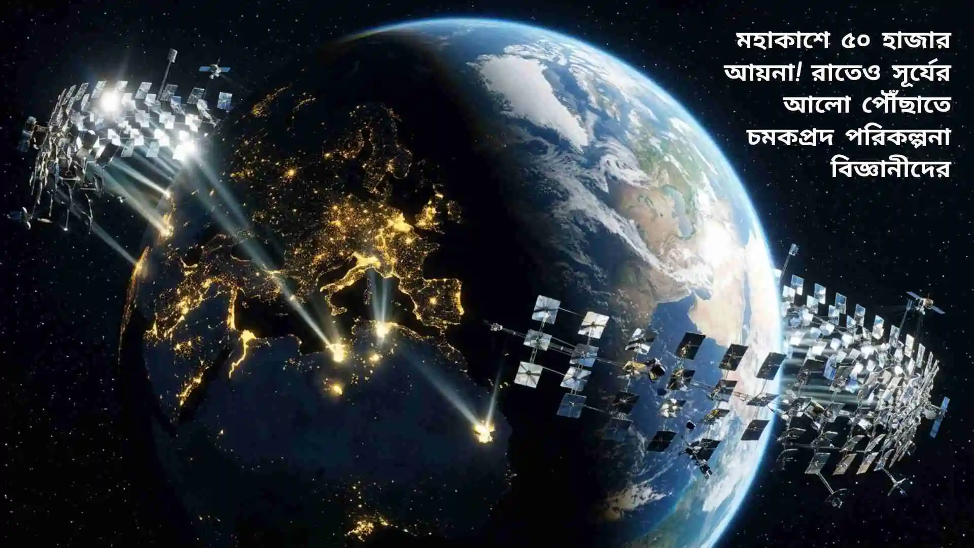 মহাকাশে ভাসমান হাজার হাজার আয়না সূর্যের আলো প্রতিফলিত করে পৃথিবীর দিকে পাঠাচ্ছে—এমন এক কল্পিত বৈজ্ঞানিক প্রকল্পের দৃশ্য