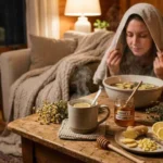 একজন নারী গরম চায়ের কাপ হাতে ধরে বসে আছেন, পাশে ফল ও আদা রাখা আছে, যা সর্দি ও কাশির ঘরোয়া প্রতিকার নির্দেশ করছে।