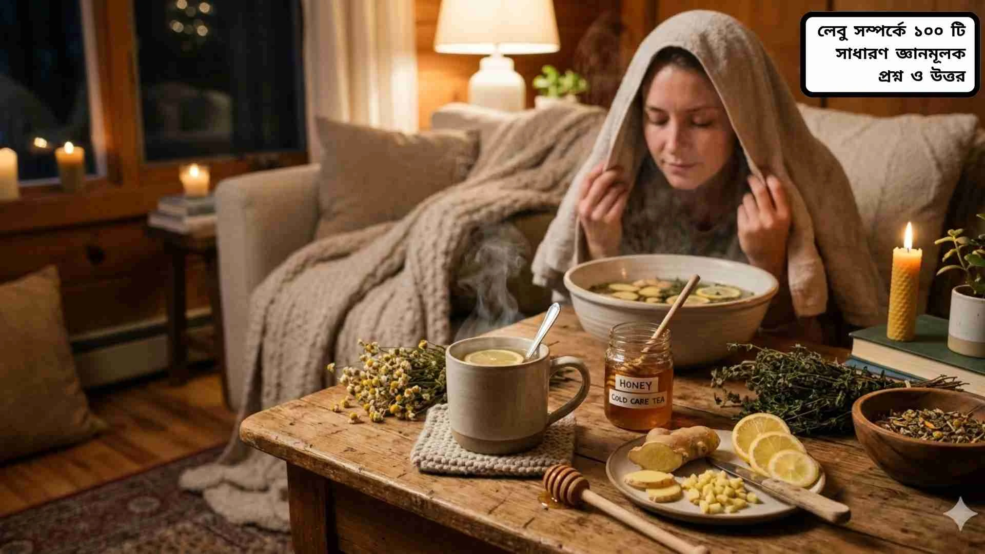একজন নারী গরম চায়ের কাপ হাতে ধরে বসে আছেন, পাশে ফল ও আদা রাখা আছে, যা সর্দি ও কাশির ঘরোয়া প্রতিকার নির্দেশ করছে।