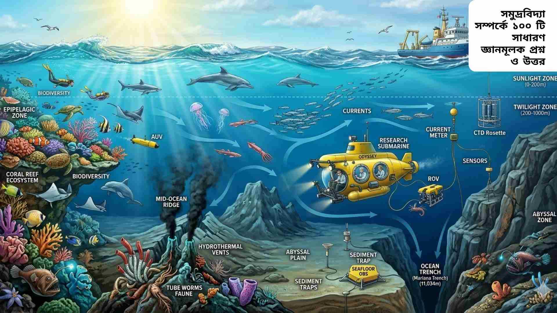 সমুদ্রবিদ্যা: মহাসাগরের গঠন, জীববিজ্ঞান ও জলের গতিবিধি নিয়ে চিত্র।