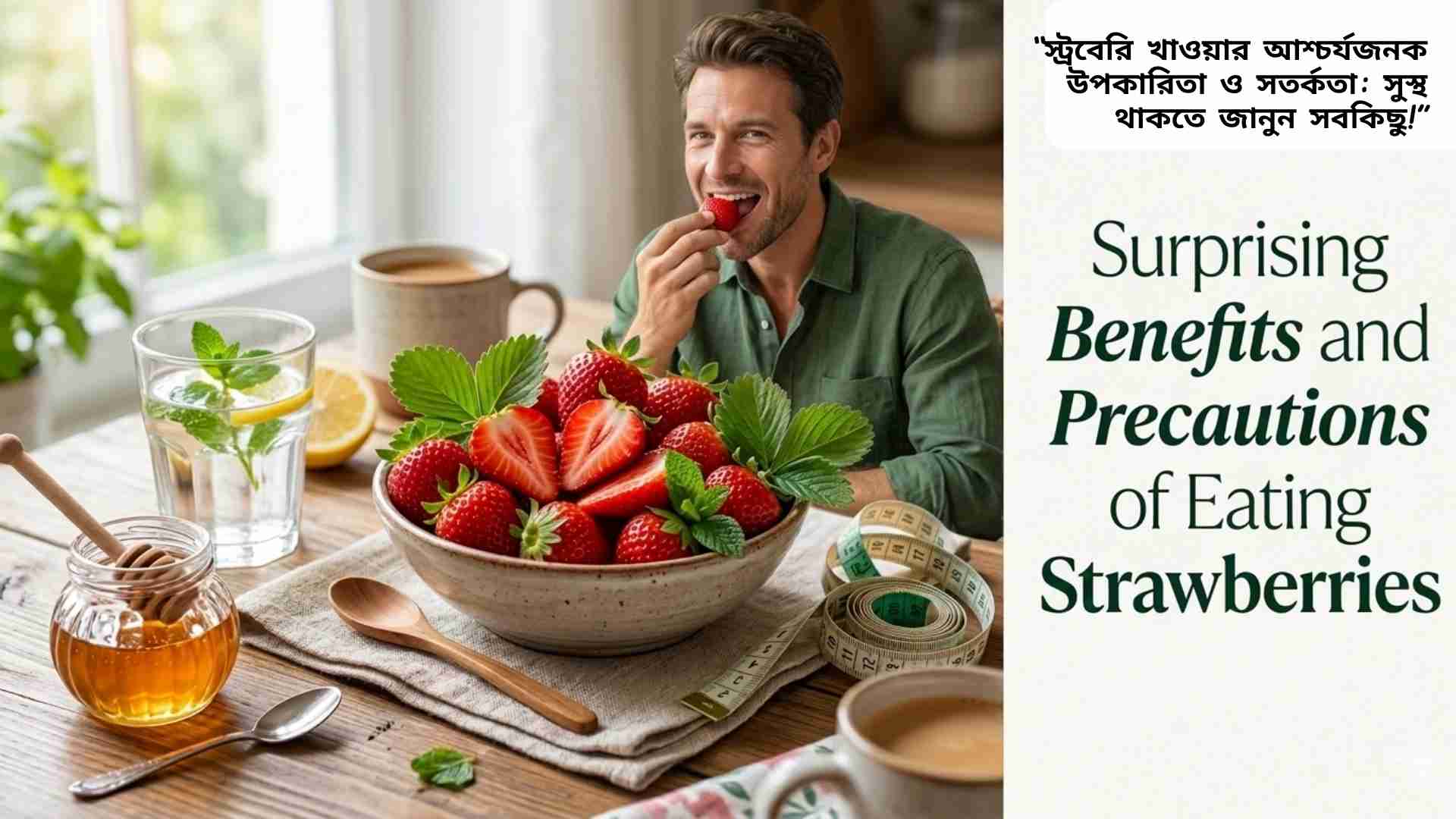 স্ট্রবেরি খাওয়ার স্বাস্থ্য উপকারিতা এবং সতর্কতা সম্পর্কিত তথ্য দেখাচ্ছে, সুস্থ জীবনধারার জন্য প্রয়োজনীয় নির্দেশনা।