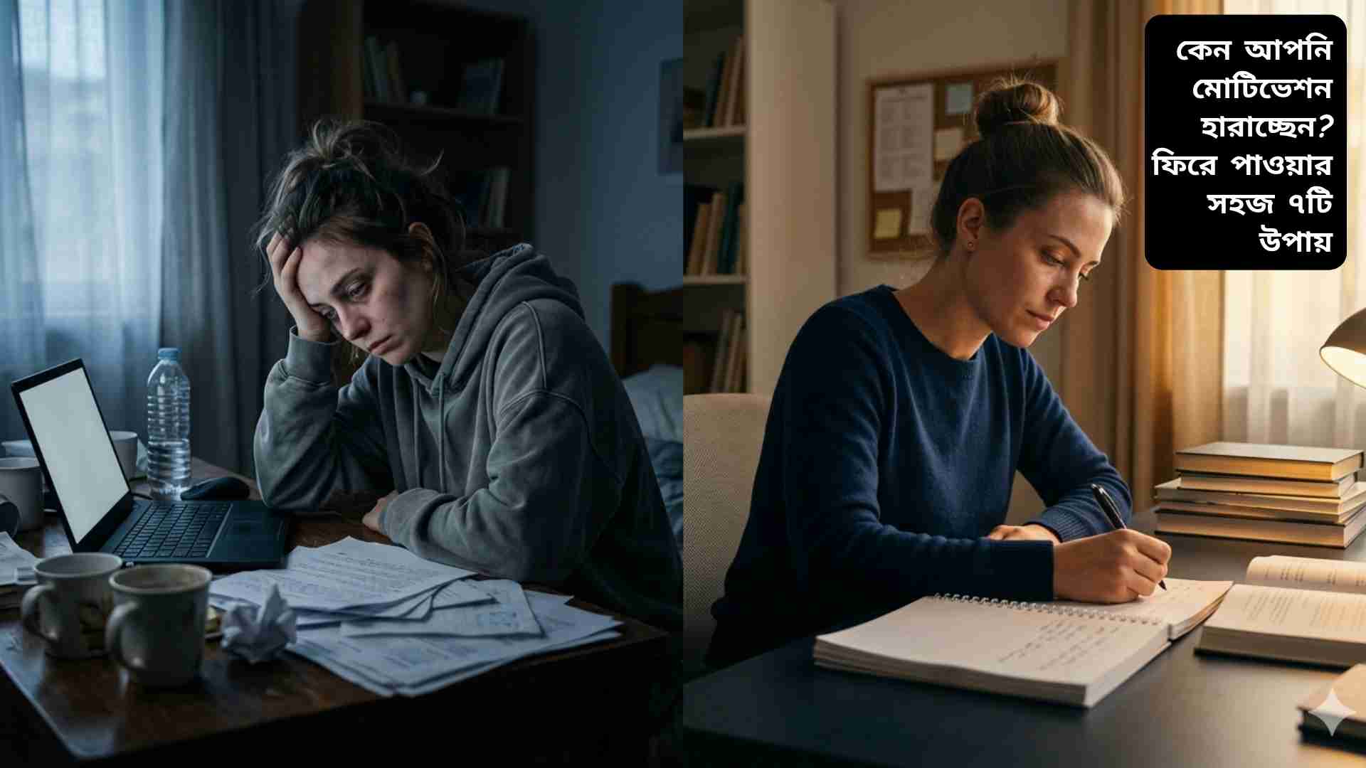 একজন মানুষ হতাশ হয়ে বসে আছে, পাশে একটি নোটবুক ও লক্ষ্য তালিকা—মোটিভেশন হারানোর প্রতীকী দৃশ্য